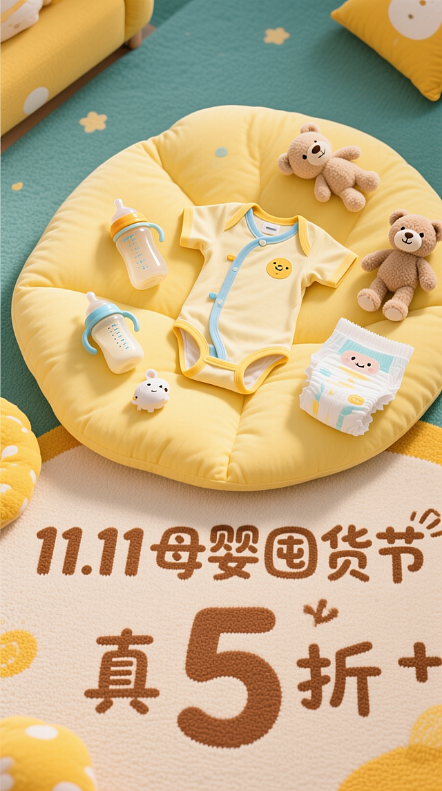 俯视视角聚焦浅黄柔软垫，上散放婴儿连体衣、硅胶奶瓶、卡通纸尿裤、毛绒玩具（小尺寸）。底部地毯上印着浅棕艺术字 “11.11 母婴囤货节”，手写风 “真 5 折” 在下方，“5” 大字突出。配色黄 + 棕，柔和温暖，契合母婴品类。