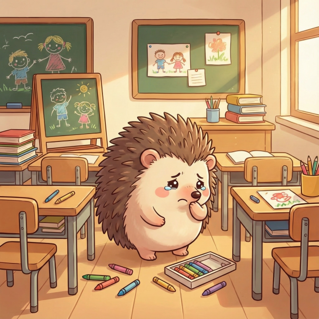 请根据“小刺猬球球”的形象，生成卡通场景“在教室里，球球发现自己的彩色蜡笔不见了！球球愣在原地，鼻子酸酸的，眼眶热热的。”注意，让小刺猬站在桌子后面或者桌子旁边的过道上预览效果