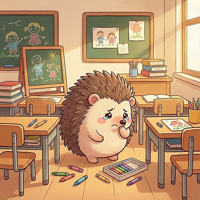 请根据“小刺猬球球”的形象，生成卡通场景“在教室里，球球发现自己的彩色蜡笔不见了！球球愣在原地，鼻子酸酸的，眼眶热热的。”注意，让小刺猬站在桌子后面或者桌子旁边的过道上
