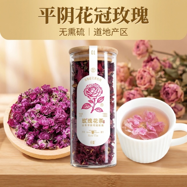 抖店电商主图，产品是平阴花冠玫瑰，核心卖点：无熏硫，道地产区。画面结构：顶部20%区域显示'平阴花冠玫瑰'大标题和'无熏硫 | 道地产区'核心卖点；中部60%区域展示玻璃罐装玫瑰花茶产品，旁边搭配木盘预览效果