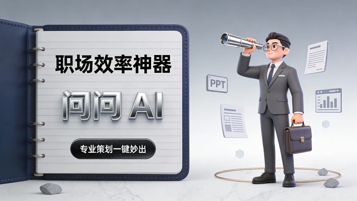 这是一张主打商务精英定位的职场效率工具宣传图，采用左文右图版式。左侧主体为一本打开的深海军蓝皮质笔记本，内页为浅灰色条纹背景，印有哑光黑色加粗字 “职场效率神器”，下方是银灰色金属质感立体字 “问问预览效果