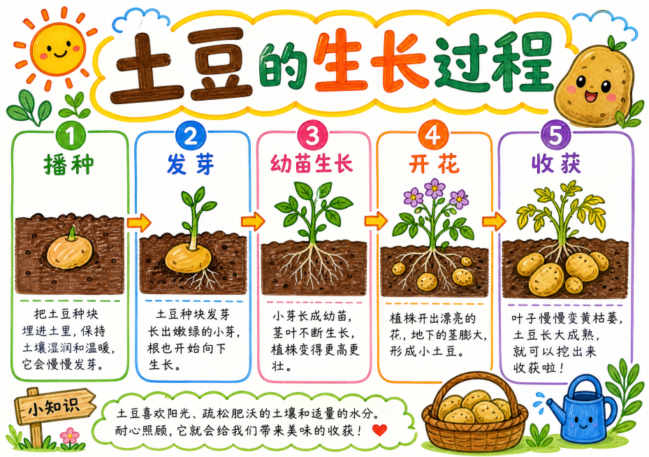 土豆生长过程科普手抄报，分五个生长阶段排版，每个阶段配简单马克笔手绘插图和简短文字说明，主标题为"土豆的生长过程"，延续之前南瓜、辣椒的卡通手绘风格，马克笔纹理，适合小学生自然观察作业，排版清晰，色彩预览效果