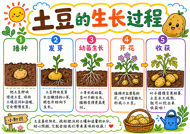 土豆生长过程科普手抄报，分五个生长阶段排版，每个阶段配简单马克笔手绘插图和简短文字说明，主标题为"土豆的生长过程"，延续之前南瓜、辣椒的卡通手绘风格，马克笔纹理，适合小学生自然观察作业，排版清晰，色彩明快