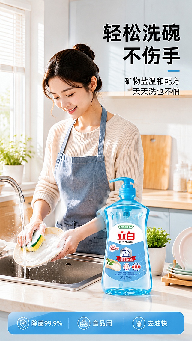 [第6屏] 详情页人物使用场景-立白盐洁洗洁精厨房真人洗碗场景。本屏使用【图1】作为台面上的产品主体。
[氛围/风格] 温馨真实居家厨房风，生活化场景，人物自然操作，商业摄影质感。
[元素布局] 现代明亮厨房场景，不锈钢水槽前，一位亚洲女性（腰部以上入镜）正在用海绵洗碗，手上有丰富泡沫，表情轻松自然；水槽边台面上摆放立白盐洁洗洁精瓶（瓶身外观、颜色、标签与输入图完全一致），旁边有沥干的干净餐具和绿色小盆栽；水流从水龙头流出，水珠晶莹；背景是浅色橱柜和窗户自然光。
[光影质感] 窗边自然光为主，柔和温暖，人物面部光线均匀，泡沫和水珠有通透高光，整体干净温馨有生活气息。
[配色色系] 全局底色暖调浅蓝白 #F5F9FF；主色立白蓝；辅助色木色、白色、绿色、暖肤色。
[视角构图] 中景人物操作构图，产品在前景台面，人物在中景，阅读动线人物动作 → 前景产品 → 侧边文案。
[文字版式] 右上区域标题区：主标题「轻松洗碗 不伤手」，粗黑体；副标题「矿物盐温和配方 天天洗也不怕」；左下角信息条：「除菌99.9% · 食品用 · 去油快」；文字不遮挡人物面部和产品主体。
[比例分辨率] 9:16 竖版比例，4K 分辨率，文字清晰可辨，高清画质。
[负向提示词] 产品变形，人物表情僵硬，瓶身标签错乱，颜色偏差，水印，文字过小，场景杂乱。