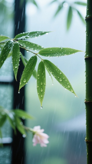 写实摄影风格，特写镜头捕捉雨中不同场景的雨滴背景，前景是挂满晶莹水珠的翠绿竹叶，叶片边缘清晰可见雨滴滑落的动态，背景呈现柔和的浅绿与淡蓝渐变虚化效果，模拟自然光透过湿润空气形成的朦胧光斑，整体色调清新淡雅，光影柔和，雨丝细密斜落营造出宁静湿润的氛围，画面聚焦于雨滴在不同物体表面（如叶片、花瓣、窗玻璃等）的形态与反光，保持浅景深效果使主体突出，背景虚化自然，传达雨后清新静谧的意境。预览效果