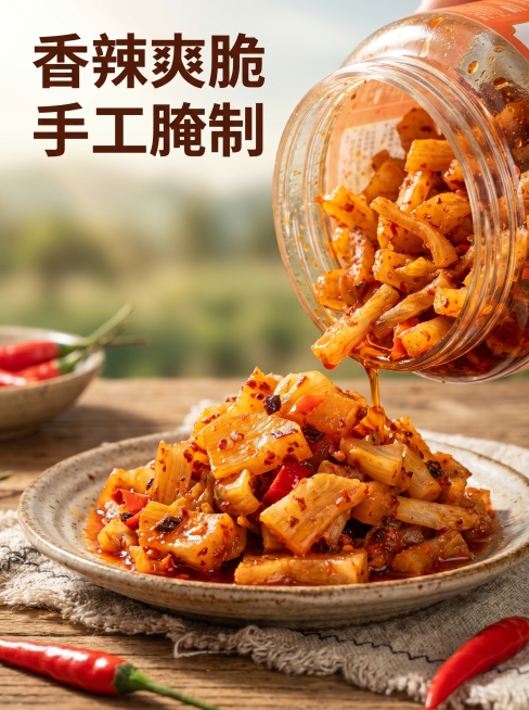 [主图 3] 香辣萝卜干细节特写展示。[氛围风格] 自然田园风，突出食欲感；[画质] 商业摄影质感、微距细节清晰、自然暖阳逆光、光线柔和通透、画面干净高级。[元素] 罐子打开倾斜，香辣萝卜干倒出在粗陶预览效果