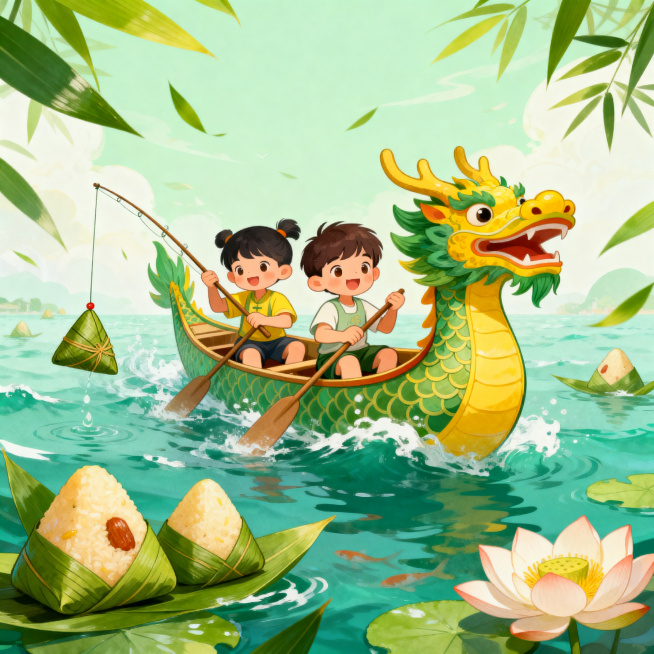 采用国潮插画风格，主体是孩子们划着龙舟在海面钓粽子，整体配色以清新绿+黄为主，搭配粽叶、粽子、荷花等端午元素，氛围活泼欢乐，适配线下门店端午节亲子互动活动。预览效果