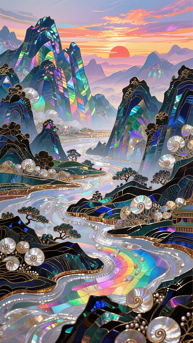 梦幻与未来交织的琉璃山水，鎏金浮雕勾勒出彩虹河谷，玻璃画风与虚拟自然融合，光影流转间尽显奢华唯美的科技诗意。