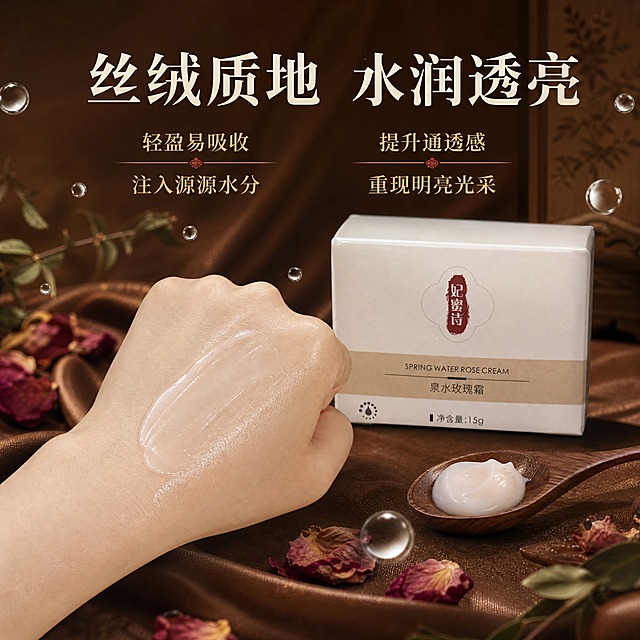 [主图-3] 质地与肤感展示，突出丝绒细腻质地和水润吸收效果，棕色中药风主题。
[统一基调] 整体风格为棕色中药国风，背景主色为深棕与暖棕渐变，标题字色为米白色，辅助字色为浅金色，强调色为朱砂红，字体为干净的宋体衬线体，卡片和边框采用细金线与中药卷轴元素，整体温润高级。
[画面] 产品包装盒位于画面右后方，占画面约30%，正面朝向观众。左前方展示一只女性手背，手背上涂抹了适量玫瑰霜膏体，呈现丝绒般细腻的乳霜质地，有轻微光泽感，展示涂抹推开的半吸收状态。手的旁边有一个古朴的木质小勺子，勺中盛有少量膏体。背景为暖棕色丝绸质感布料，有自然的褶皱，周围点缀少量干玫瑰花瓣和草本绿叶。画面中有少量晶莹的水滴元素漂浮，象征水润保湿功效。
[光影质感] 商业摄影质感，柔和自然光从左上方照下，膏体有细腻的光泽和纹理，手部皮肤真实自然，产品与场景融合自然。
[配色] 主色暖棕深棕，肤色自然，膏体米白色带淡粉调，水滴透明带蓝光点缀，整体统一棕色中药风。
[文字版式] 画面上方主标题米白色大字号宋体："丝绒质地 水润透亮"，下方左侧两行浅金色小字："轻盈易吸收"、"注入源源水分"，右侧两行浅金色小字："提升通透感"、"重现明亮光采"。文字放在负空间，不遮挡产品和手部。
[输出要求] 比例1:1，文字清晰可读，产品清晰完整不变形，无错字，无水印，无平台Logo，无生产厂家信息，手部正常无畸形。