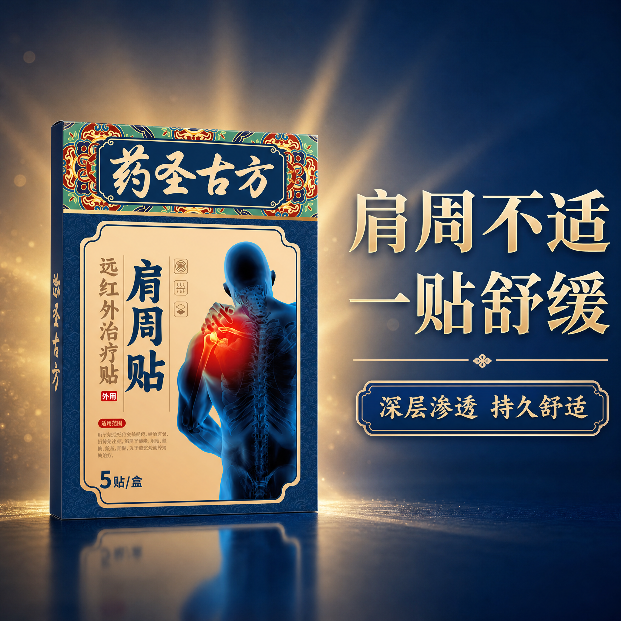 基于参考图中的肩周贴产品包装盒，重新设计一张产品广告图，严格要… - 图片创意预览