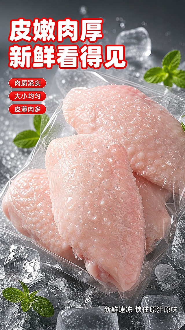 [商品] 使用【图3】透明袋装鸡翅中特写图；保留鸡翅中自然形态、粉嫩色泽、皮肤纹理、袋装透明质感；商品处理：增强鸡翅中肉质鲜嫩感，让表皮更光滑有弹性，去除塑料袋上的灰尘和杂点，让每颗鸡翅都饱满清晰，不改变鸡翅形状和数量。
[画面] 目标：口感与质地特写页，微距满版展示鸡翅中鲜嫩质地。画面中央放大2-3颗鸡翅中特写，占画面70%，表皮带有细密水珠和冰碴，呈现新鲜速冻状态，周围散落薄荷叶和冰块点缀，背景为深灰到浅灰渐变，突出主体。俯拍视角，细节拉满。
[视觉] 套系策略：风格=拼多多接地气食欲风商业摄影；标题字=粗黑黑体+圆角厚重感；正文字=简洁黑体；主色=暖橙红+浅蓝；背景延展=深灰渐变+冷调高级感背景；强调色=正红色，仅用于卖点标签；标题色=白色+红色描边；正文色=白色；组件=红色圆角卖点标签、水滴光效；光影=侧逆光勾勒鸡翅轮廓，表面高光水珠晶莹剔透。
[文字] 左上角主标题"皮嫩肉厚 新鲜看得见"（白色粗体大字带红色描边），下方3个红色圆角标签竖排："肉质紧实"、"大小均匀"、"皮薄肉多"。右下角小字"新鲜速冻 锁住原汁原味"。文字全部横向排版，不遮挡鸡翅主体细节。
[规格] 图片比例9:16竖版，4K，避免变形、错字、文字过小、鸡翅颜色发灰发暗、出现拼多多Logo或平台元素。