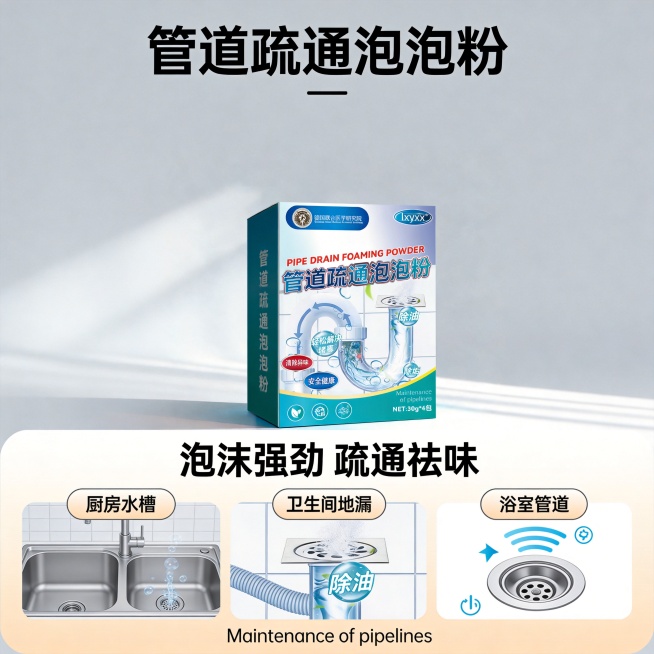 设计类型：电商主图・爆款卖点型
设计风格：简约清爽、强效清洁、家居实用
主体：管道疏通泡泡粉产品、管道、水槽、地漏示意
装饰元素：泡沫气泡、清洁波纹、疏通箭头、洁净图标
色调：蓝白为主、干净明亮、专业预览效果