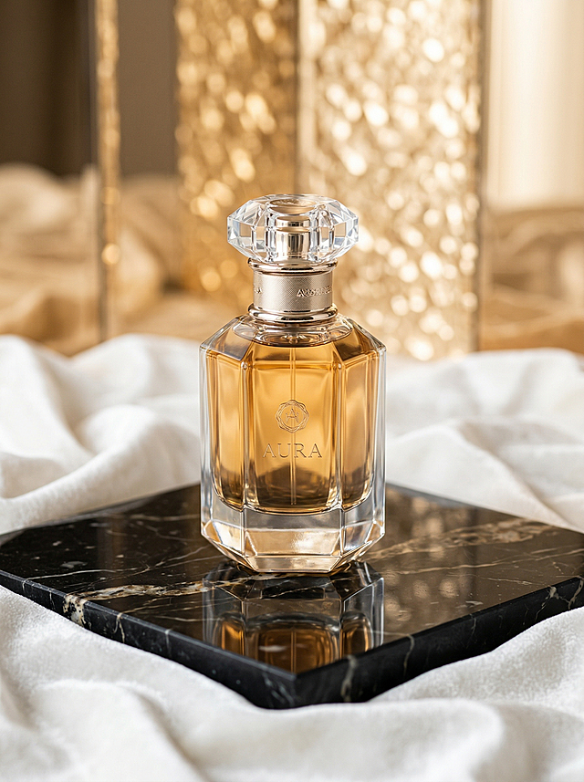 一张轻奢优雅风的香水商品场景图，主体是香水瓶放置在黑色大理石台面上，搭配香槟金色反光背景和白色天鹅绒衬布，突出产品精致质感。使用晶莹通透高光，中心对称构图，带有光影倒影，局部特写突出瓶身设计，整体氛围高级贵气