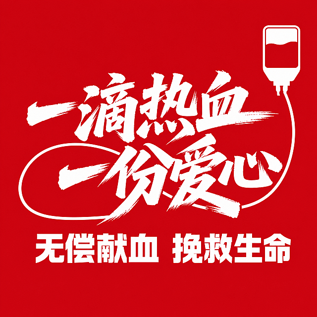 干净的纯红色背景。平面艺术字体设计，参考图字体风格为毛笔书法手写体，字体内容包括“一滴热血 一份爱心 无偿献血 挽救生命”，所有文字保持现有排版。字体风格为粗毛笔书法笔触，笔画粗重有力，末端锐利斜切，笔画带有自然飞白效果。文字整体构图紧凑，“一滴热血”和“一份爱心”错落堆叠，被血袋输液曲线环绕，下方“无偿献血 挽救生命”为方正粗黑体，文字为纯白色，保留血袋白色图形元素在右上角。文字整体必须完整呈现在画面内不可被裁切，四周留有安全边距。输出为清晰可描边的矢量风格字体设计。