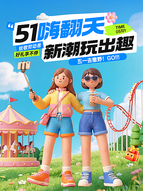 五一劳动节节日营销旅游出行3D感小红书封面