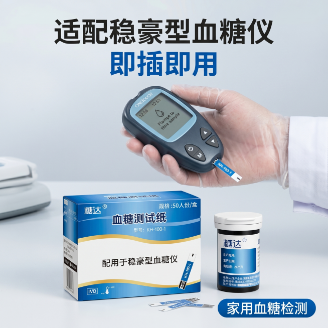 [主图-4] 稳豪血糖试纸适配性展示
[氛围风格] 场景化展示，清晰直观
[画质] 商业摄影质感、光线柔和通透、产品清晰真实、画面干净高级
[元素] 画面主体展示血糖仪搭配本款试纸的使用场景，试纸包装预览效果