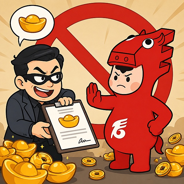 卡通漫画风格，使用参考图中穿着红色马头套服装的吉祥物人物作为主角，人物形象保持一致：红色马头头套、红色连体衣、肚子上有白色'后'字标志、圆润可爱的造型。画面表现黄金托管返利骗局：骗子模样的角色递出一份合同，一脸狡黠的笑容，主角吉祥物皱着眉头摆手拒绝，旁边散落着金元宝，背景有大大的红色禁止符号。画面中几乎没有文字，纯靠画面元素表达防骗含义。扁平卡通插画风格，色彩鲜明，线条清晰，金融防诈骗科普漫画
