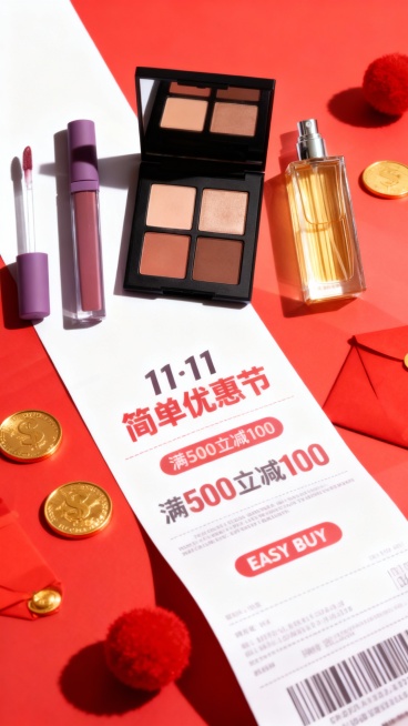 背景是一张大型长条购物小票，主体压着购物小票，小票上主标题为红字“11·11 简单优惠节”，副标题为“满500立减100”，“EASY BUY”，金色硬币、红色毛绒球、红包等元素点缀，渐变红色调购物氛预览效果