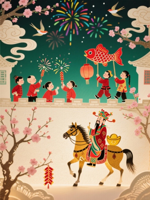 中心是穿红衣的孩童们（有的在墙头放鞭炮、有的抬着红锦鲤花灯），画面下方是财神骑马，周围点缀桃树、飞鸟、祥云、烟花等吉祥元素，绿色调为主，米色背景，春节热闹场景预览效果