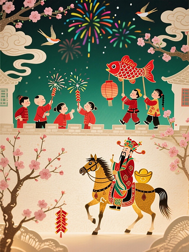 中心是穿红衣的孩童们（有的在墙头放鞭炮、有的抬着红锦鲤花灯），画面下方是财神骑马，周围点缀桃树、飞鸟、祥云、烟花等吉祥元素，绿色调为主，米色背景，春节热闹场景