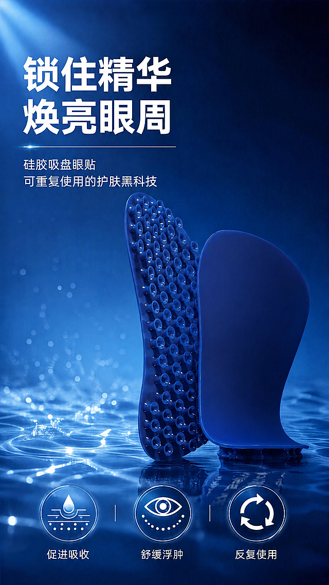 去除右侧眼贴正面所有的bliss品牌logo和英文字样，改为纯深蓝色光滑无文字表面，左侧眼贴吸盘面保持原样，产品形状、颜色、材质、吸盘颗粒结构完全不变，画面其他元素（标题文字、水面背景、底部图标、构图）保持原样不动