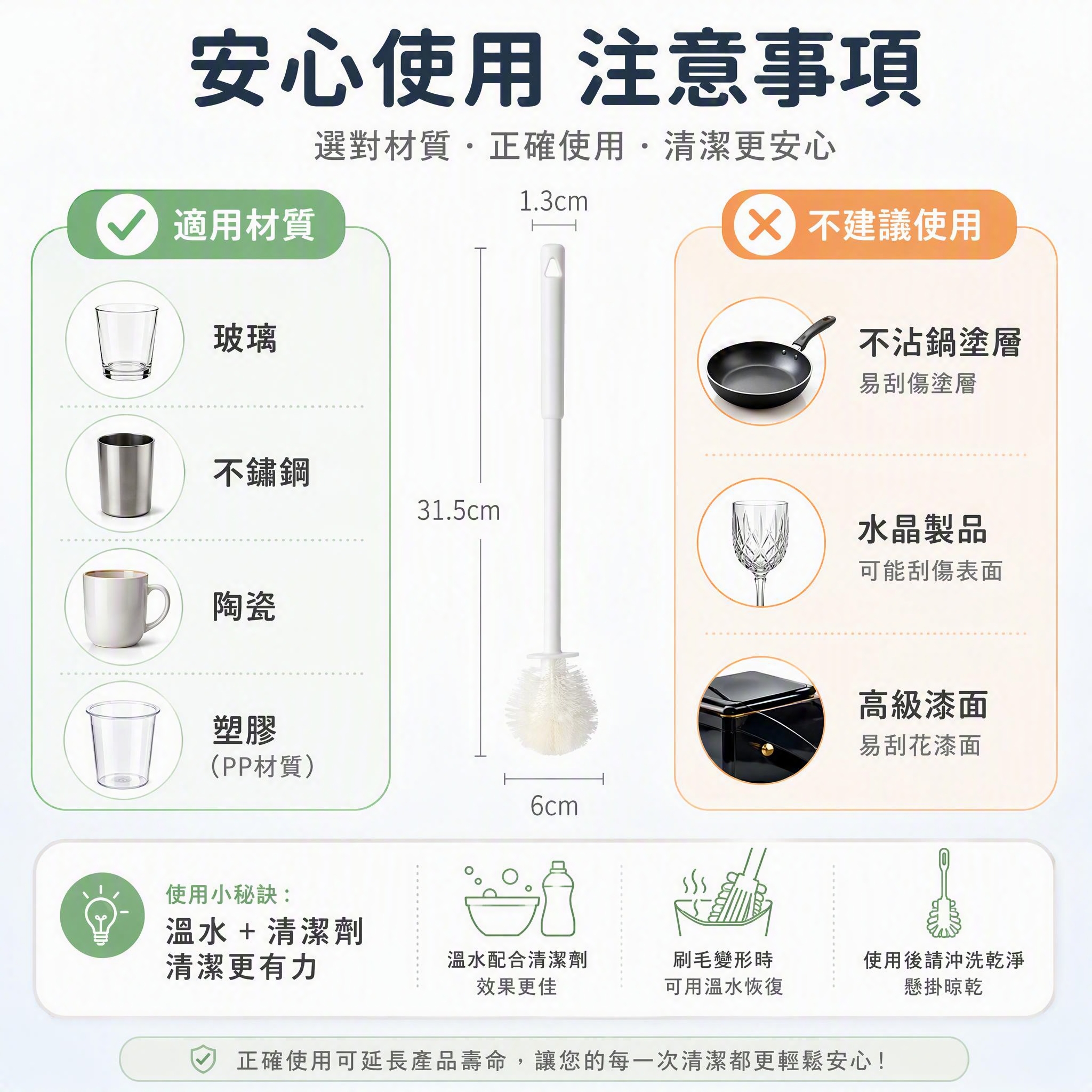 [主图-7] 使用安心与注意事项，展示正确使用方式和适用材质说… - 图片创意预览