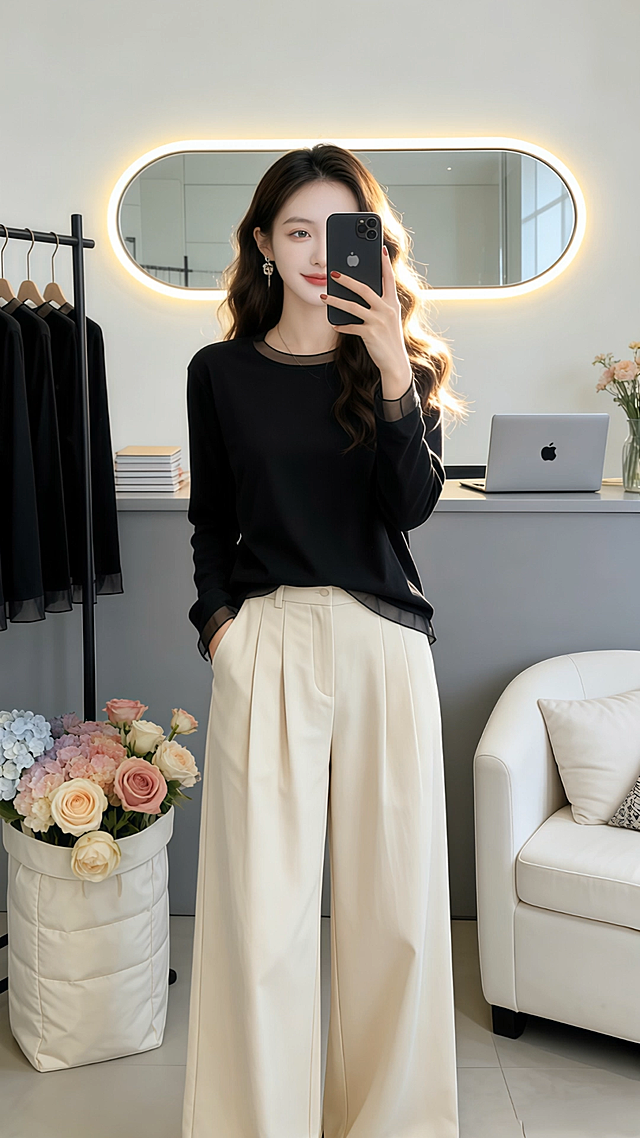 Model holds a phone in her left hand, poses directly at the camera with a soft, elegant smile. Right hand gently brushes the collar and shoulder of her top. Step forward one step. Right hand rests on waist, gently stretches the fabric to show elasticity (do not pull pants). Body turns left and right to display clothing details from both sides. Final pose: keep phone in left hand, right hand makes a clear peace sign (index + middle fingers extended, palm facing camera), smile remains elegant and confident. All movements are natural, fluid, and exude a sophisticated, high-end aesthetic.