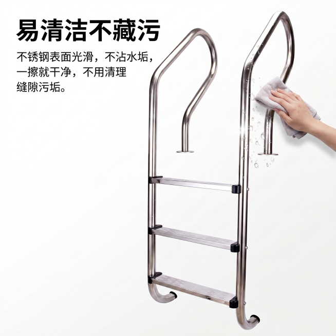 生成展示易清洁优势的电商主图，基于产品图保持扶梯外形材质不变，展示抹布擦拭扶梯表面，一擦就干净，水垢不残留。风格为京东简洁品质风，一图一重点，文字占比小。左上角标题标注易清洁不藏污，下方小字说明不锈钢预览效果