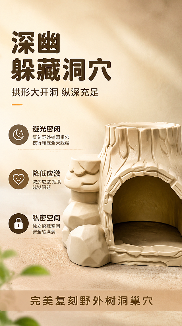 [第3屏] 深幽洞穴功能详解-米黄色仿真树桩躲避屋拱形大开洞内部展示。本屏使用【图3】作为商品主体。
[氛围/风格] 自然探秘风，洞穴深幽感，商业摄影质感。
[元素布局] 米黄色树桩躲避屋位于画面右侧，呈正面微侧角度，重点展示拱形大开洞和内部纵深空间，洞穴内部隐约可见深度和内壁纹理，占比约50%；左侧为文案说明区。保持产品物理结构、树桩纹理、拱形大洞口、内部空间、米黄色材质与输入图一致，杜绝变形色差。背景是暖米色渐变，模拟洞穴外自然光。
[光影质感] 左侧暖光照射洞口，形成洞口亮内部暗的自然光影对比，洞穴深处有微弱环境光体现纵深，层次感强。
[配色色系] 全局底色 #F5EDE0 暖米色；主色米黄树桩色；辅助色深棕文字、暖橙点缀。
[视角构图] 正面微侧视角，视线聚焦洞口内部，阅读动线左上标题 → 中部左文右图 → 底部功能条。
[文字版式] 左上主标题「深幽躲藏洞穴」深棕色粗体圆润字体大字号；副标题「拱形大开洞 纵深充足」深棕色字号约一半。下方三段功能说明，每段配小图标：图标1「避光密闭」配月亮图标，说明「复刻野外树洞巢穴 夜行爬宠全天躲藏」；图标2「降低应激」配安心图标，说明「减少应激 拒食 越狱问题」；图标3「私密空间」配锁形图标，说明「独立躲藏空间 安全感满满」。底部通栏浅棕色底，短句「完美复刻野外树洞巢穴」。
[比例分辨率] 9:16 竖版比例，4K 分辨率，文字清晰可辨，高清画质。
[负向提示词] 变形，水印，文字错乱，产品模糊，背景杂乱，结构错误。