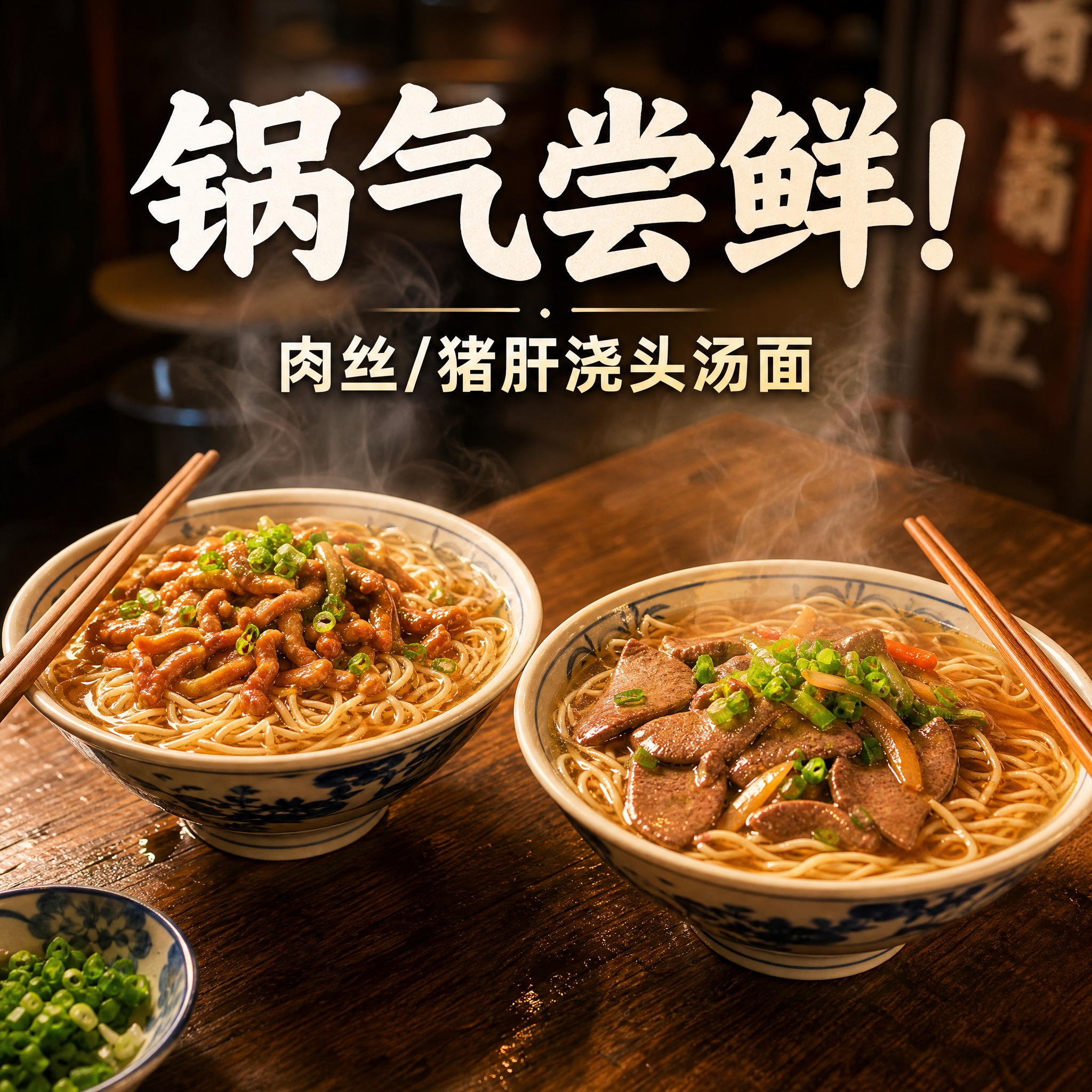 中式面馆实拍风格美食摄影，1:1正方形构图，木质餐桌上摆放两碗… - 图片创意预览