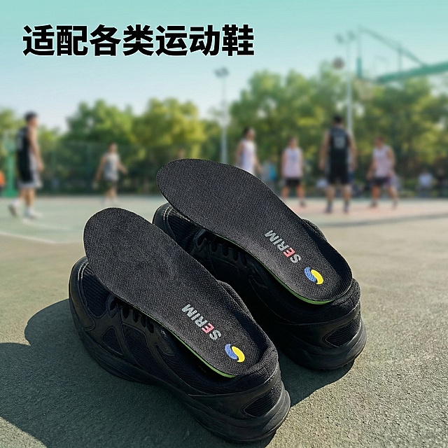 [主图 4] 鞋垫场景化使用展示
[氛围/风格] 生活化运动场景，自然真实，使用场景清晰
[画面元素] 保留原鞋垫产品外观完全一致，将鞋垫放进运动鞋内部，展示放置后的适配效果，户外篮球场背景虚化，运动鞋占据画面中心，清晰展示鞋垫和鞋子的适配性，自然运动光影
[配色色系] 主色调：黑色鞋垫+运动鞋，背景浅蓝绿色户外色调
[视角构图] 平视45度视角，景深适中
[文字版式] 左上角卖点文字“适配各类运动鞋”，白色粗体无衬线字体，不遮挡产品主体
[比例分辨率] 1:1比例，2k分辨率