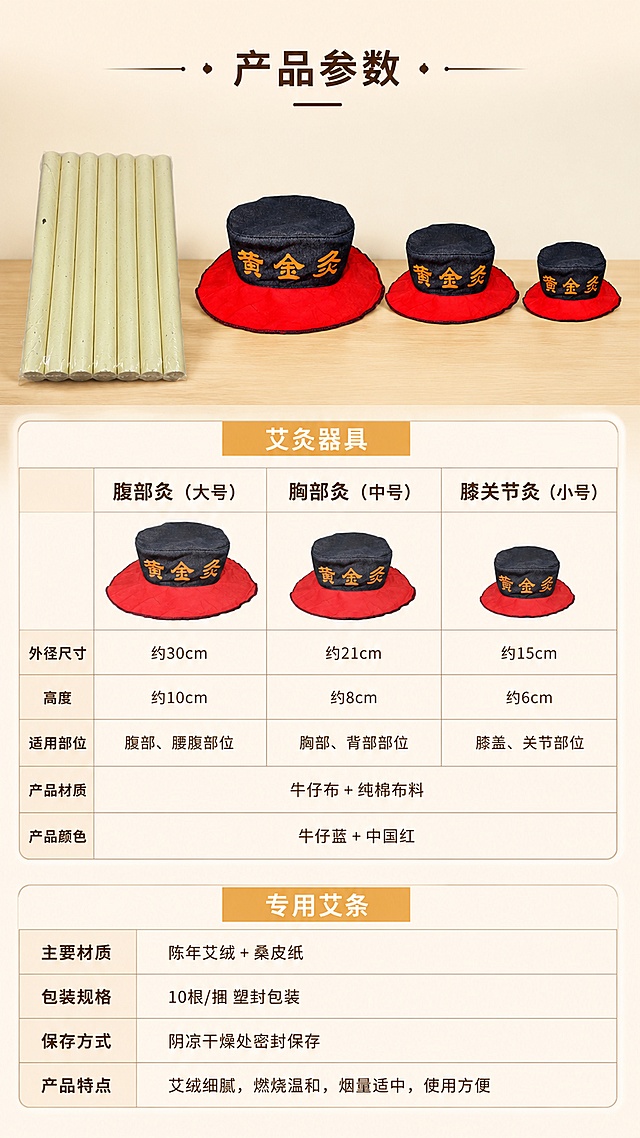 [第7屏] 产品规格参数——三款尺寸+艾条规格信息卡。本屏使用【图1】艾条 + 【图6】黄金灸器具作为产品主体。
[氛围/风格] 简洁专业信息风，清晰明了，商业产品摄影质感。
[元素布局] 画面上方展示艾条一捆+三款器具小图（大中小横向排列），产品结构、颜色与输入图一致；下方为规格参数表区域；背景为浅米色渐变+细木纹底部，简洁干净。
[光影质感] 顶部均匀柔光，底部轻微投影，产品清晰明亮，信息区干净易读。
[配色色系] 全局底色 #FAF3E8（浅米黄）；主色深棕 #5D4037；辅助色暖橙、米白。
[视角构图] 上下分栏构图，上产品下参数，正面平视，阅读动线从上到下。
[文字版式] 顶部小标题「产品参数」；下方分两部分：上半部分「艾灸器具」三款对比表格：腹部灸（大号）/胸部灸（中号）/膝关节灸（小号），对应适用部位；下半部分「专用艾条」参数：主要材质陈年艾绒+桑皮纸、包装规格10根/捆塑封包装、保存方式阴凉干燥处密封保存；信息卡配浅棕色细边框，文字深棕色黑体，大小适中手机端清晰可读。
[比例分辨率] 9:16竖版比例，4K分辨率，文字清晰可辨，高清画质。
[负向提示词] 产品变形，颜色偏差，水印，文字错乱，文字过小，虚假参数。
