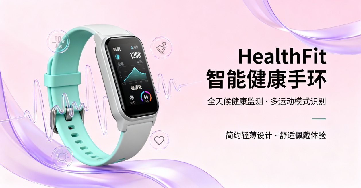 根据智能手环产品的概念图，生成产品的宣传海报。：
（1）海报中需包含产品概念图；
（2）海报应展示产品名称
（3）海报需突出展示产品的2个功能或优势 一、核心功能可视化：1. 健康数据采集与分析功能可预览效果