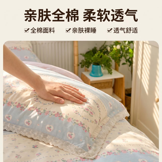 [主图 2] 清新碎花四件套亲肤触感展示第二张主图。[氛围风格] 温馨居家生活感，温馨清新日式卧室风，自然柔和氛围，整体风格光影配色与第一张主图保持完全统一；[画质] 商业摄影质感、光线柔和通透、产品预览效果