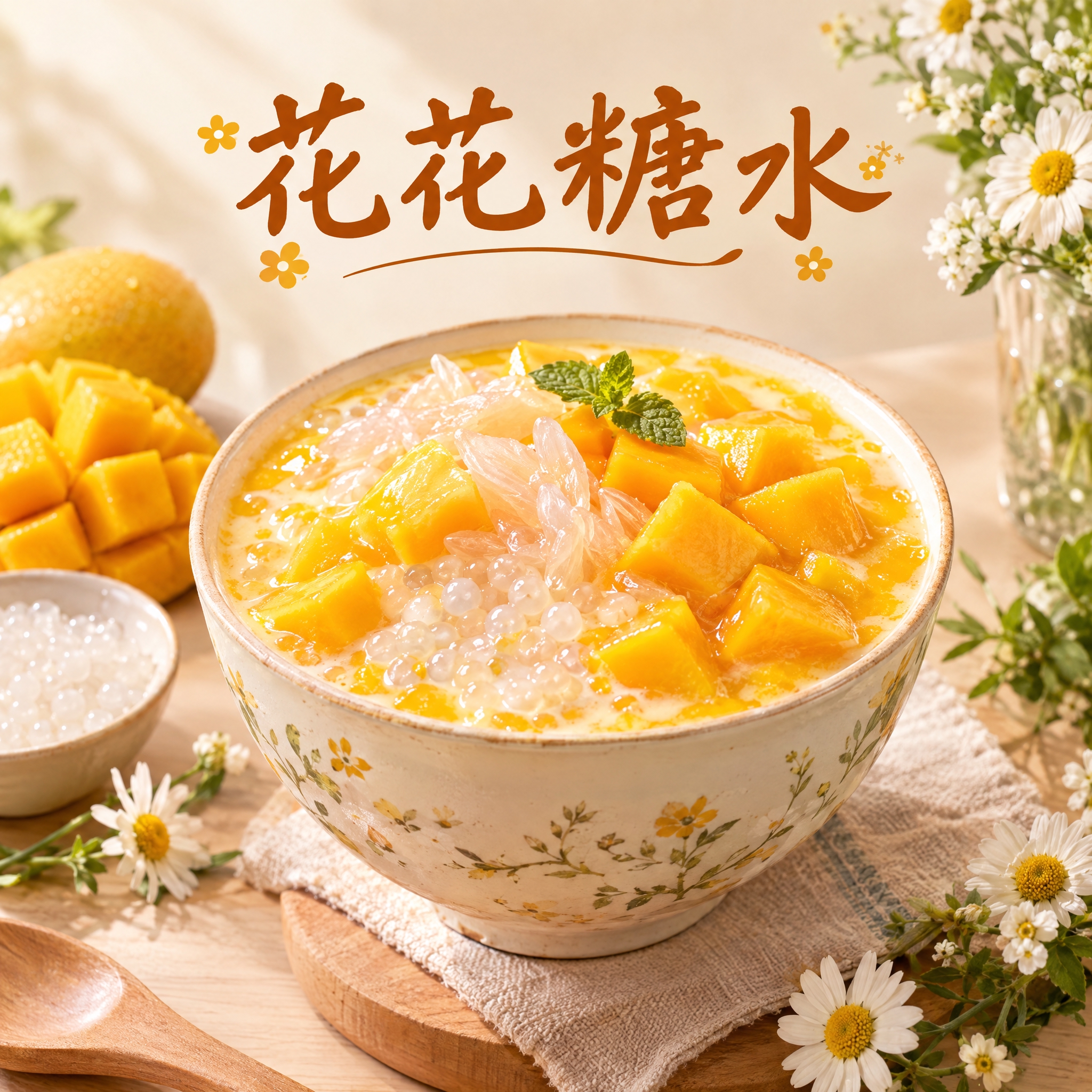 糖水店头像设计，店名"花花糖水"，画面中央摆放一碗精致的广式糖… - 图片创意预览