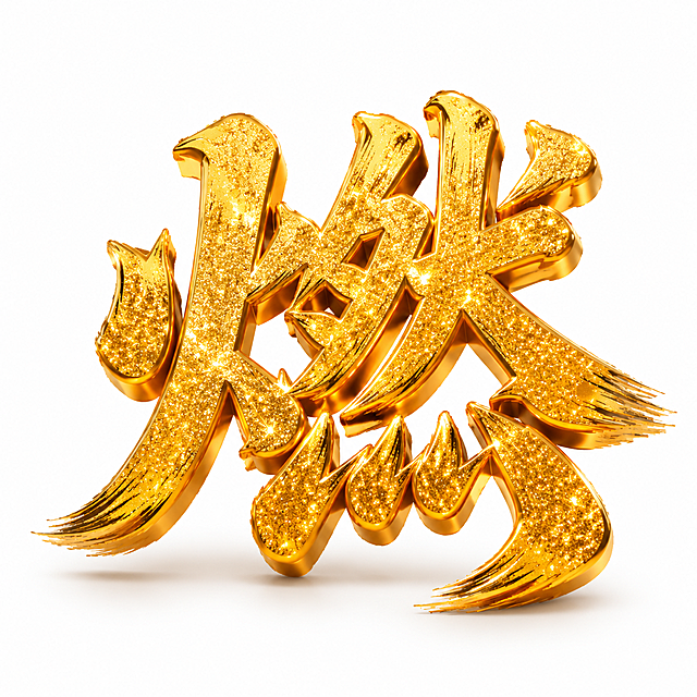 金色3D立体字体，白色背景，干净的背景，创意书法字体设计一个字"燃"，所有文字单行横向排列，将字体进行大幅度抽象变形。字体具有明显的3D立体厚度和金属光泽，表面覆盖金色闪粉金箔质感布满闪亮光点，笔画边缘有光滑的金色金属包边，笔画末端带有毛笔飞白笔触效果，整体厚重有力充满力量感，底部有柔和的投影。画面中只能出现这一个字："燃"，不得出现参考图中的原文字，不得增加、遗漏或替换任何一个字。比例1:1。文字整体必须完整呈现在画面内不可被裁切，四周留有安全边距