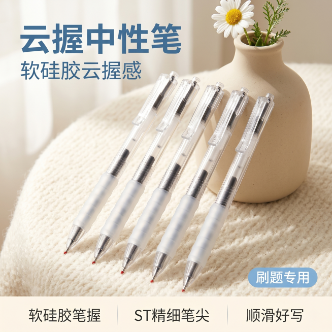 [主图-1] 云握中性笔产品首图，家居治愈风场景摆放。
[氛围风格] 温馨治愈家居风，干净清新质感，柔和松弛氛围感
[画质] 商业摄影质感、光线柔和通透、产品清晰真实、画面干净高级。
[元素] 五支云预览效果