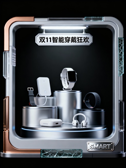 3D 风格边框，风格简约创意且充满银色科技感，3D 立体感鲜明。边框以智能手表展示台轮廓为主创意。环绕的收纳中放有智能手表、无线充电器、运动手环、智能耳机、表带等元素，大小对比错落有致、层次鲜明；最上预览效果