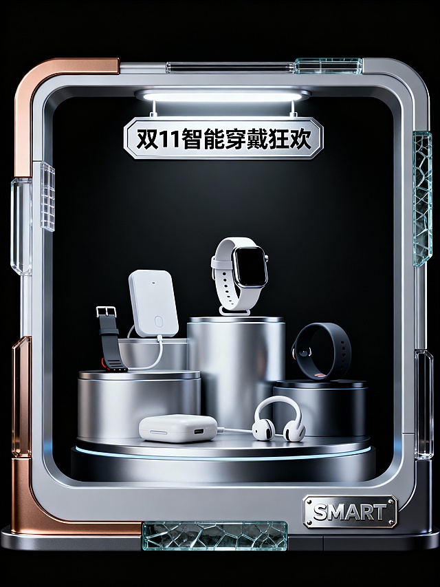 科技感十足的3D重拟物风设计，金属与玻璃材质交织，呈现未来感智能穿戴产品展陈，双11节日氛围浓厚。