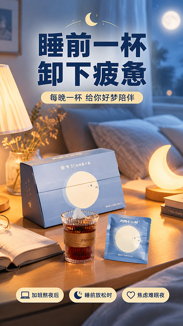 [商品] 使用【图1】酸枣仁石斛枕月茶产品图；保留外盒、独立小袋、冲泡杯的外观与颜色；产品结构、材质、文字完全保留。
[画面] 页面目标：睡前场景种草，营造静谧安睡氛围。单场景沉浸型构图，产品摆放在卧室床头柜上，旁边有台灯暖光、翻开的书本、月亮形状小夜灯。产品占画面40%，位于画面中下部。背景：夜晚卧室环境，柔和暖光与淡蓝夜色交融。画面层次：前景产品，中景床头柜物品，后景虚化的卧室墙面与窗帘。
[视觉] 套系策略：风格=静谧月夜氛围感商业摄影+拼多多大字报风格；标题字=粗黑体大字，醒目有力；正文字=简洁无衬线体；主色=雾霾淡蓝；背景延展=基于淡蓝色+暖黄色做夜晚卧室氛围、暖光光晕、细腻质感；强调色=暖米黄色，用于灯光、月亮元素、标签；标题色=深墨蓝；正文色=中灰蓝；组件=圆角信息卡、月亮图标；光影=暖黄台灯光+淡蓝环境光，营造夜晚温馨静谧氛围。
[文字] 主标题："睡前一杯 卸下疲惫"（8字，顶部居中，超大粗黑体）；副标题："每晚一杯 给你好梦陪伴"（下方小字）；底部场景标签："加班熬夜后"、"睡前放松时"、"焦虑难眠夜"。
[规格] 图片比例9:16竖版，4K分辨率，拼多多风格。负向提示：避免变形、错字、文字过小、产品颜色改变、包装文字错乱、医疗功效承诺、极限词。