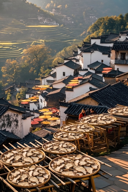 保持首帧的背景、构图和光影不变，将画面中晒秋的农作物替换为第二张图中的白术切片，保持白术的大小质感和外观完全一致预览效果