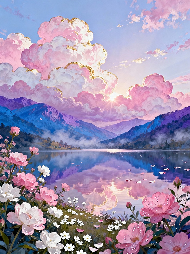 梦幻般的奇幻风景插画，画面中是一片色彩绚烂的山谷，近处是盛开的粉色和白色花朵，花瓣上点缀着露珠，花丛间散落着白色的小花，一条平静的湖泊横贯山谷，倒映着天空的云彩和周围的景色，湖面上漂浮着零星的花瓣，远处是连绵起伏的蓝色和紫色山峦，山间弥漫着淡淡的薄雾，天空中布满了巨大的、蓬松的粉色和白色云朵，云层边缘泛着金色的光芒，阳光从云层间隙洒落，照亮了整个山谷，整体色调以粉、蓝、紫为主，色彩柔和且富有层次感，光影效果梦幻，营造出宁静、浪漫、仙境般的氛围，画面构图开阔，细节丰富，充满童话色彩和治愈感。