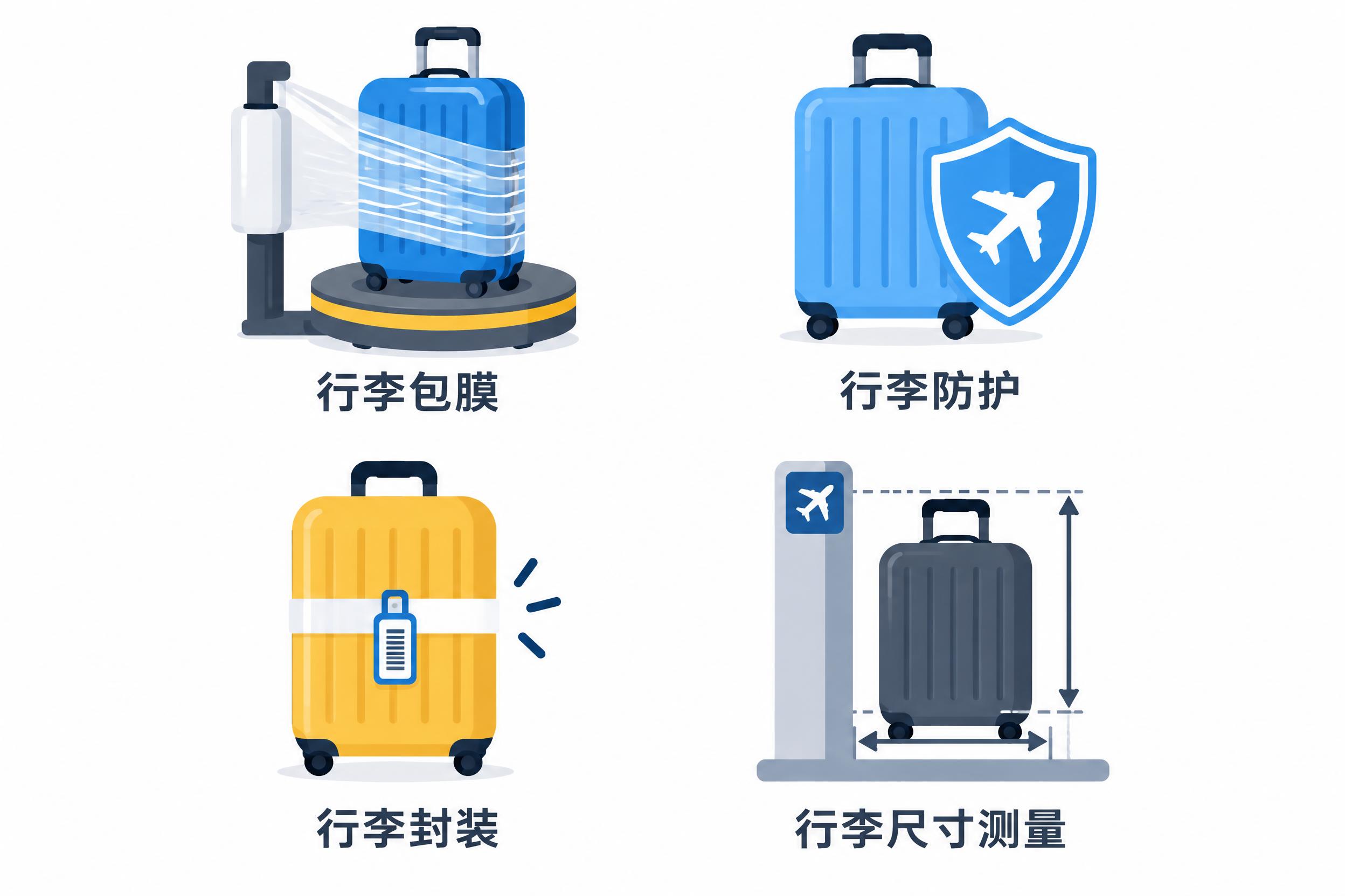 四个机场行李服务矢量图标，分别为：行李包膜、行李防护、行李封装… - 图片创意预览