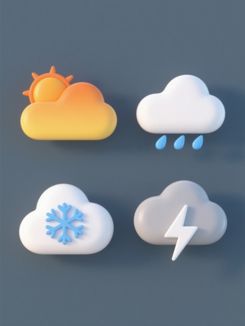 天气元素系列图标集合，采用简约3D立体风格，纯色背景，四个规整排布的不同天气元素图标：左侧上方为橙黄色渐变云朵与圆形太阳组合，右侧上方为白色云朵带蓝色雨滴造型，左侧下方为白色云朵带蓝色雪花图案，右侧下方为灰色云朵与白色闪电符号搭配，所有图标均具有柔和的边缘过渡、统一的光影效果和圆润的几何形态，整体呈现简洁明快的视觉风格。预览效果