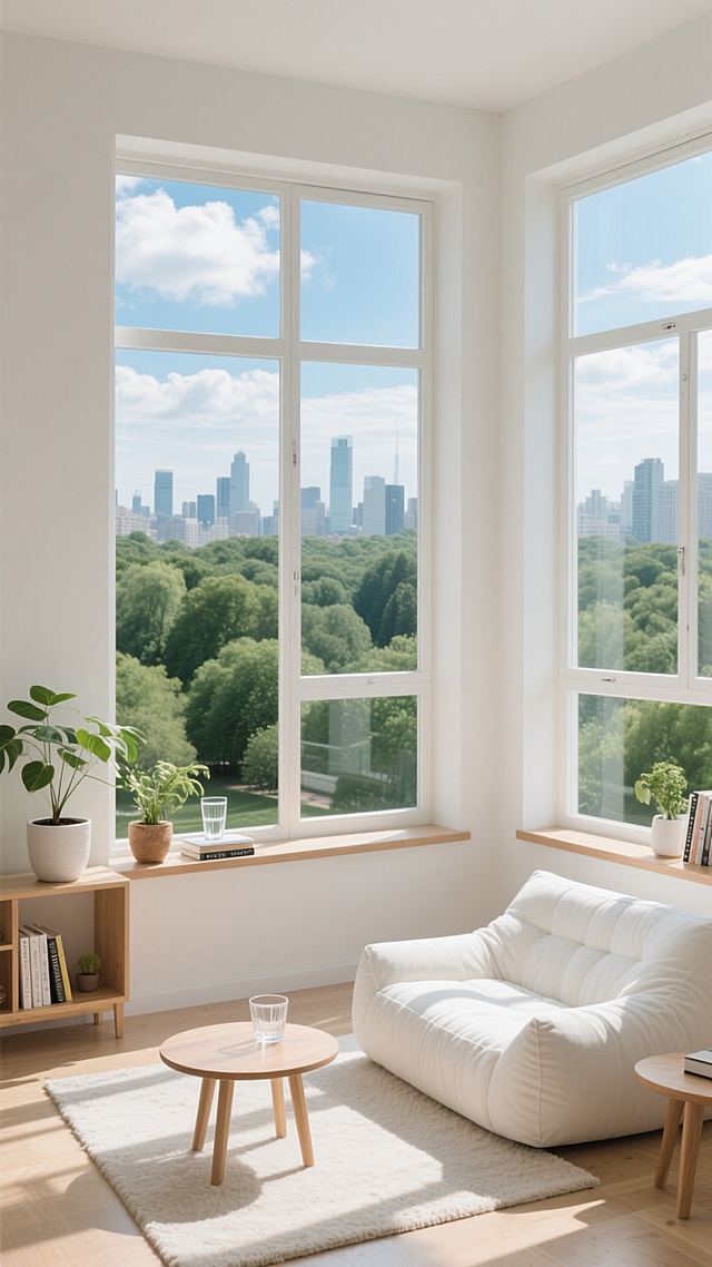 现代简约风格室内场景，不同角度和布置的大窗户，窗外是蓝天白云下的城市与绿色树林景观，窗台上摆放着绿植盆栽、透明玻璃杯和书籍，室内有白色懒人沙发、浅色地毯和木质小桌，温暖的自然光透过窗户洒入，光影柔和，色调以白色、浅木色和自然绿色为主，整体氛围明亮、宁静、舒适，展现不同窗户设计在空间中的布局与采光效果，突出窗景与室内陈设的和谐统一。