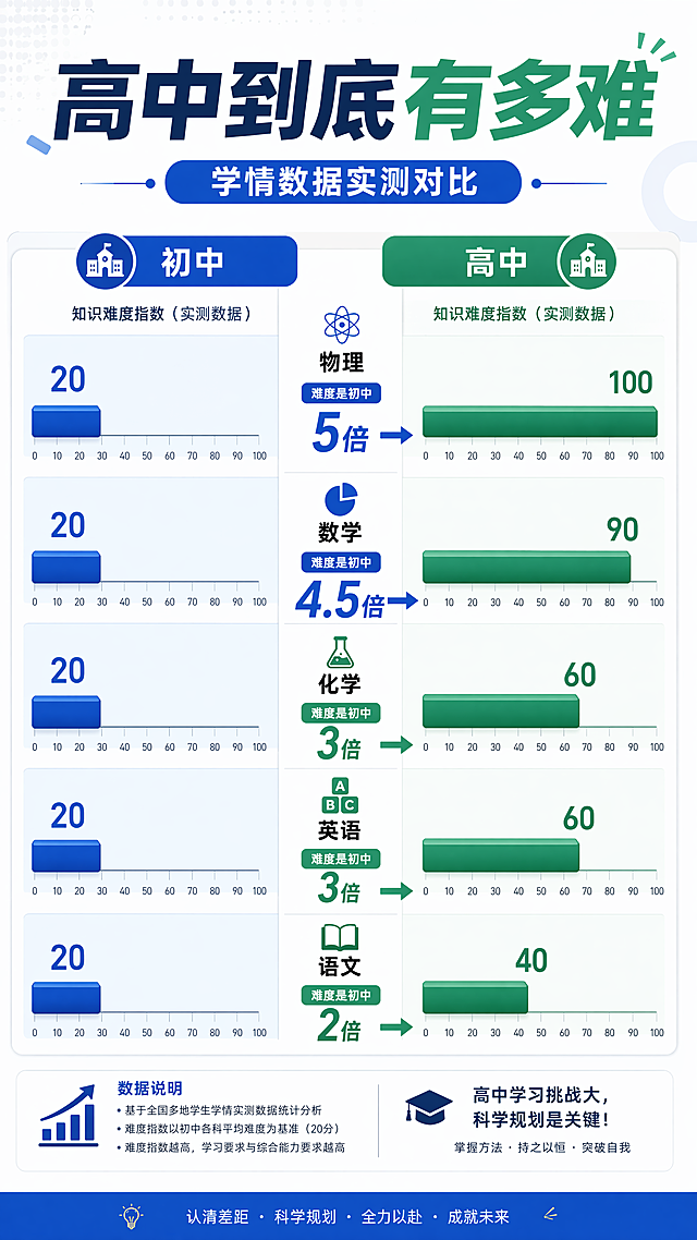 高中到底有多难？学情数据实测！
据学情数据测算：
- 高中物理难度 ≈ 初中物理的 5倍
- 高中数学难度 ≈ 初中数学的 4.5倍
- 高中化学/英语难度 ≈ 初中的 3倍
- 高中语文难度 ≈ 初中的 2倍请用一张高清海报展现初中和高中的学习难度差异对比；；；；；；；；；