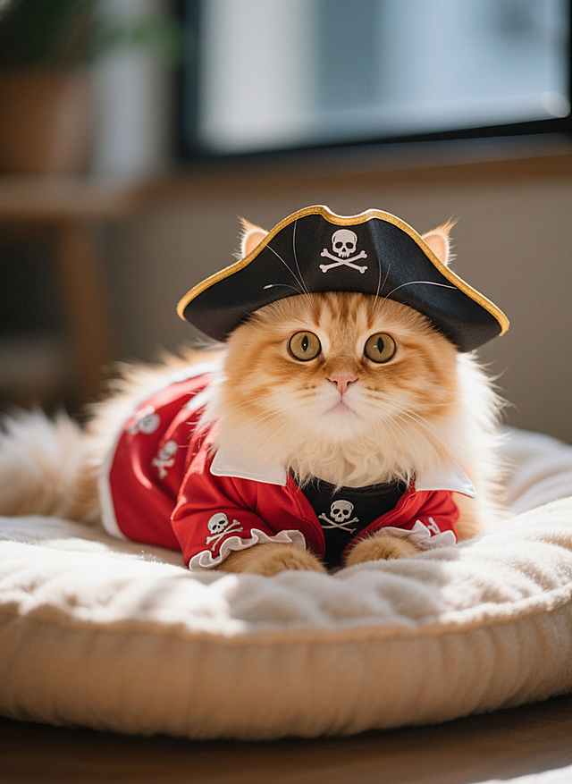 可爱感十足的拟人风猫咪，身着3D质感海盗装，毛发生长自然蓬松，面料细节精致，萌趣十足，万圣节节日氛围浓厚。