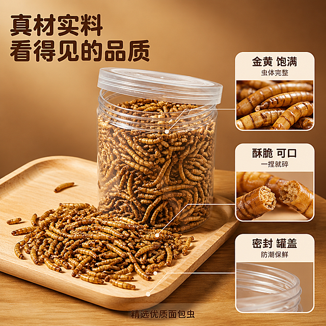 [主图-3] 面包虫干原料品质与细节特写图 真实虫干质感。
[氛围风格] 自然真实食材风 暖棕质感 微距细节清晰。
[画质] 商业摄影质感 微距细节锐利 产品纹理清晰 画面干净。
[元素] 画面中央偏上为罐装面包虫干半侧展示 罐口微开 少量虫干自然倾洒在下方浅原木色托盘上。三个圆角画中画小卡片分布在画面右下区域 分别展示：虫干微距特写（金黄分节纹理清晰）、虫干酥脆断面特写、密封罐盖螺纹细节。细引线从卡片指向对应部位。背景为暖棕色渐变 底部有柔和木纹。保持罐装面包虫干外观与输入产品图保持绝对一致 杜绝任何变形和色差。商品主体占比约60%。
[光影] 上方45度柔光 暖色调 虫干表面金黄高光自然 托盘上虫干有柔和阴影 微距细节通透有层次。
[配色] 主色暖棕原木色 辅色金黄虫干色 卡片米白圆角 标题色深棕。
[视角构图] 微俯视 产品居中偏上 细节卡片右下分布 引导视线从整体到细节。
[文字版式] 左上大标题"真材实料 看得见的品质" 深棕色圆润粗体最大号。三个细节卡片各有小标题 卡片一"金黄 饱满""虫体完整" 卡片二"酥脆 可口""一捏就碎" 卡片三"密封 罐盖""防潮保鲜"。文字深棕色 圆润无衬线字体 大小有层次。底部小字"精选优质面包虫"。
[输出要求] 1:1比例 文字清晰锐利 超高清商业摄影质感。
[负向提示词] 变形 文字错乱 产品图模糊 背景杂乱 水印 电商平台Logo 多余的手 畸形手。