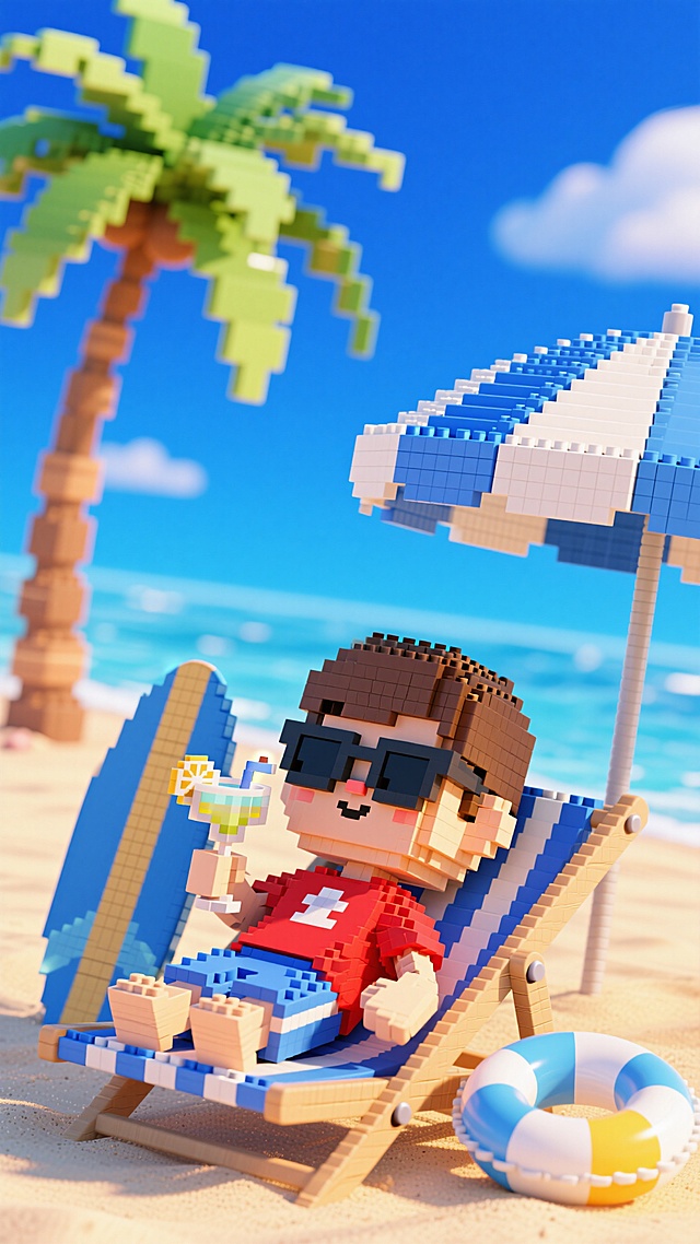 像素风卡通人物在沙滩上悠闲度假，软3D设计带来清新舒适的夏日氛围。