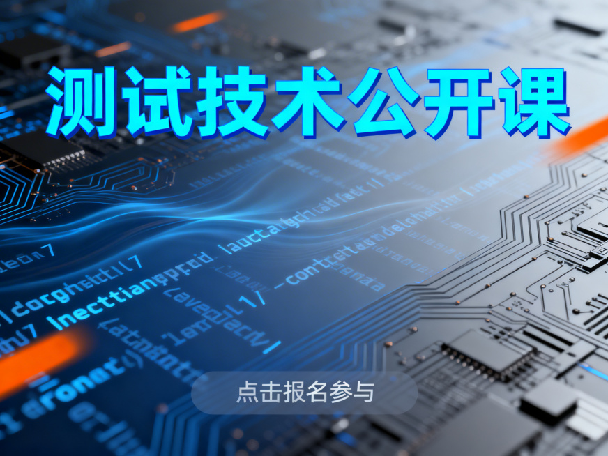 生成一张4:3比例的抖音店铺主图，画面视觉冲击力强，突出“测试技术公开课”核心信息，顶部设置醒目的核心标题“测试技术公开课”，搭配科技感的背景元素，如代码字符、电路板纹理等，整体风格简洁专业，色彩以蓝预览效果